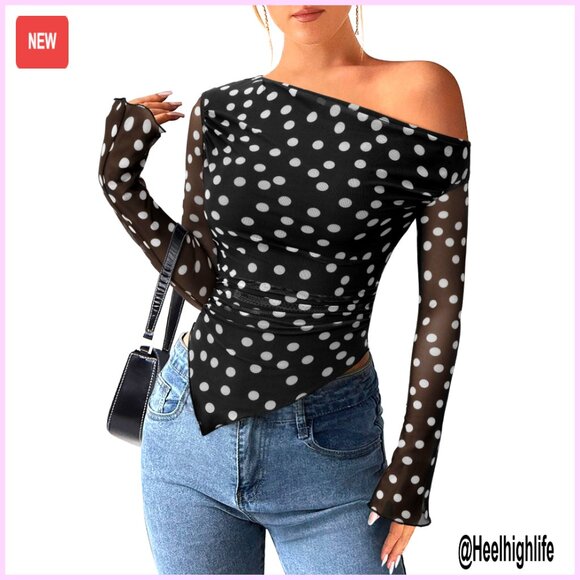 Tops - Off Shoulder Mesh Blouse Asymmetrical Ruched Long Sleeve Slim Fit Top